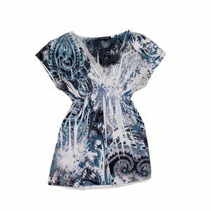 Donna Fiora Blue White Fit Flare Short Sleeve Blouse Size Medium